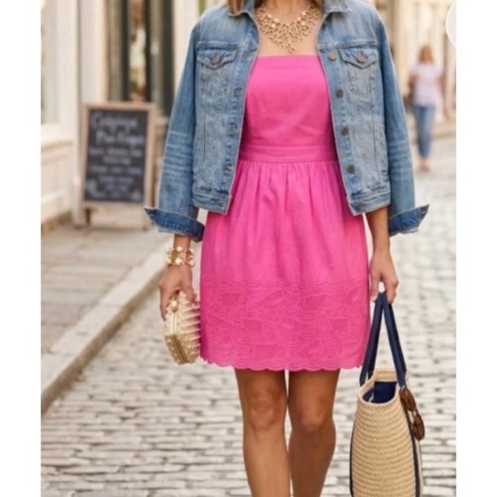 Vineyard Vines Strapless Dress Size 2 Pink Fish Eyelet Preppy Summer Coastal